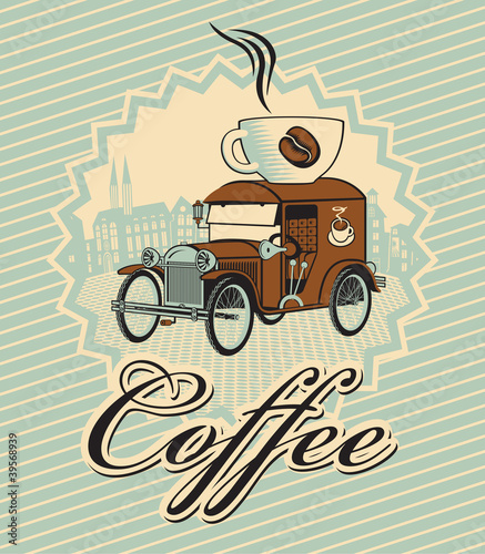 banner with car and cup of coffee on roof