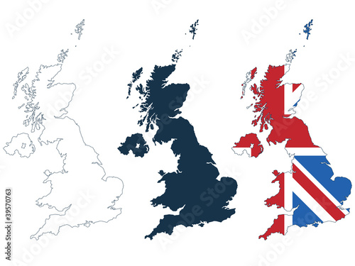 Vector set United Kingdom maps in outline, solid blue, and union jack styles isolated on white