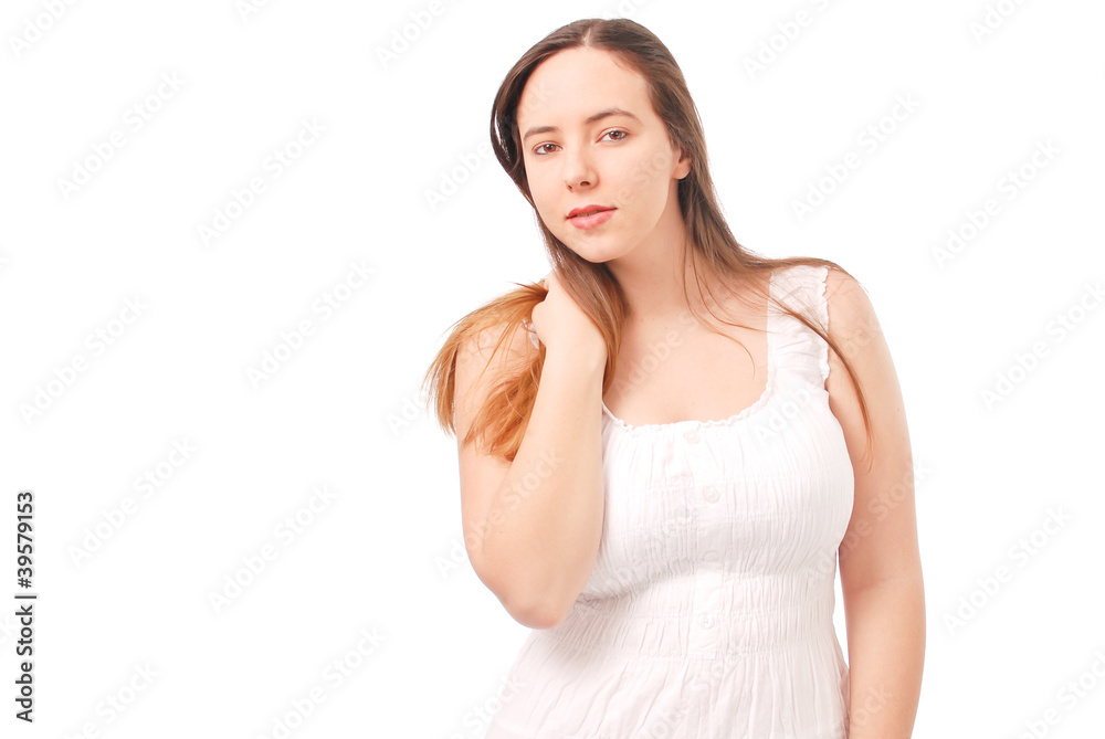 Portrait of a Girl in White Dress Playing with Hair Portrait of a Girl in White Dress Playing with Hair