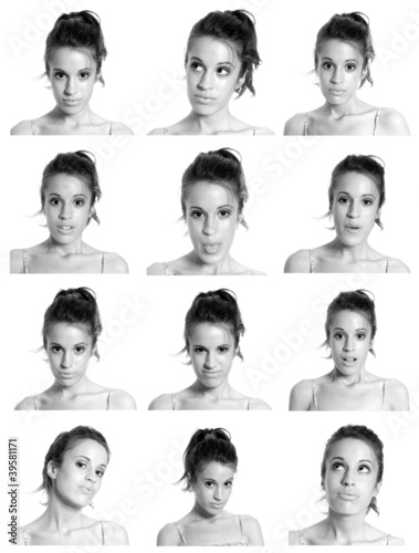 Young woman face expressions composite black and white isolated