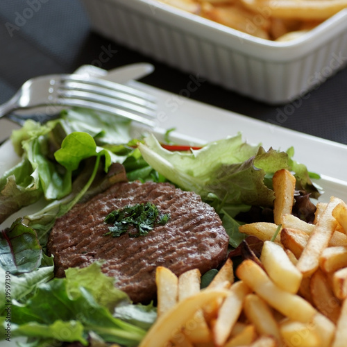 steack haché frites  salade format carré 3 photo