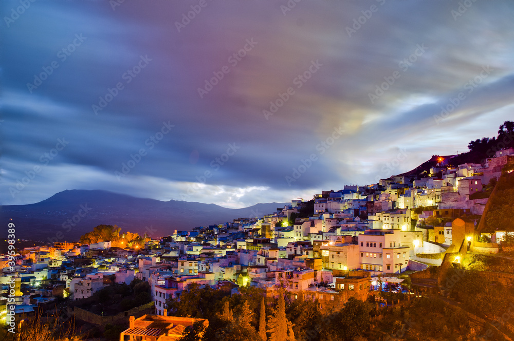 Sunset on Chefchaouen blue town at Morocco