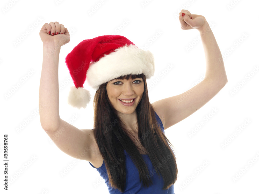 Happy Young Woman Wearing Santa Christmas Hat. Model Released Happy Young Woman Wearing Santa Christmas Hat. Model Released