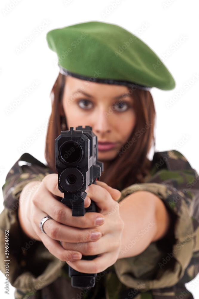 Military woman aiming Military woman aiming