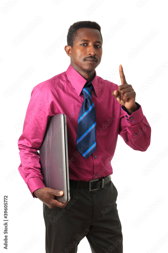 Black Afro american businessman with tie and computer. Black Afro american businessman with tie and computer.