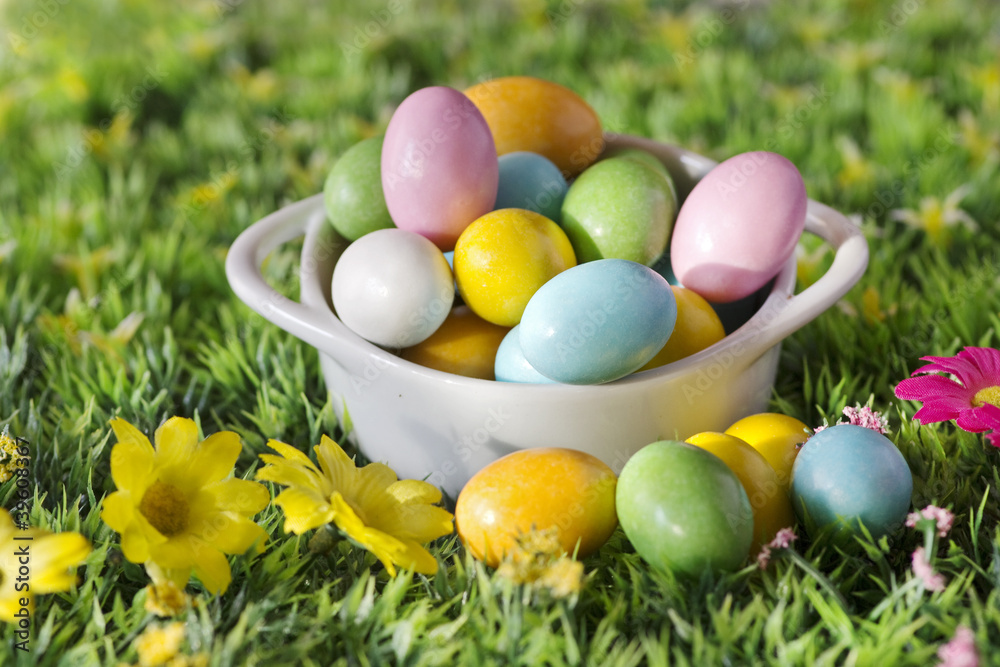 easter chocolates on spring background easter chocolates on spring background