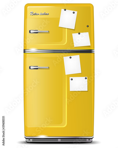 Yellow retro refrigerator with paper stickies for your messages