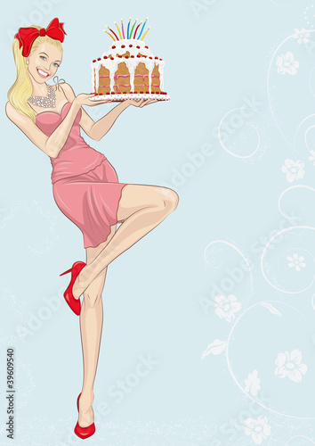 Beautiful smiling blonde woman holding cake with lit candles