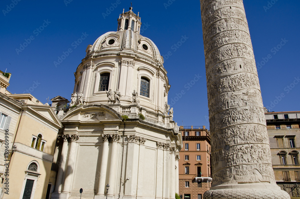 Trajan column and church in Rome, Italy