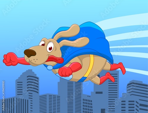 Super dog flying over city