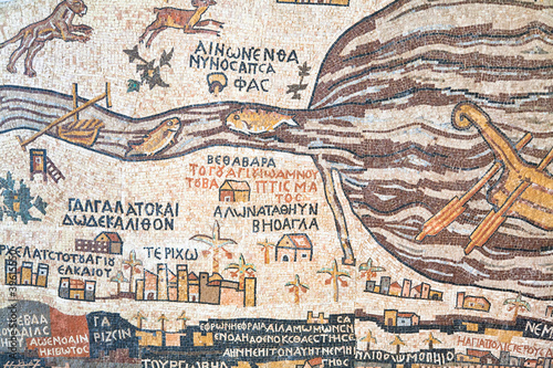 replica of antique Madaba map of Holy Land