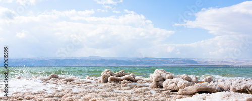crystalline salt on beach of Dead Sea