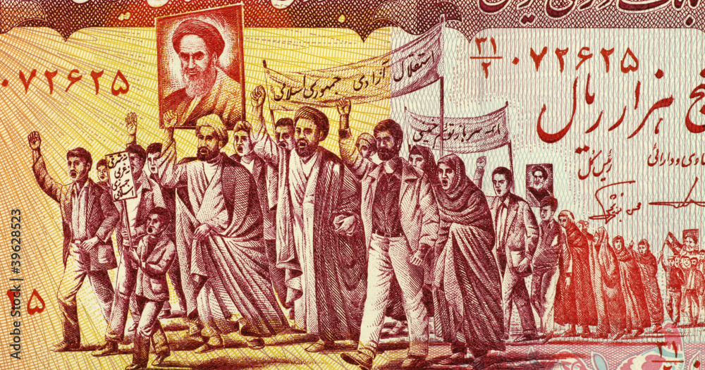 Obraz premium Mullahs Leading Marchers Carrying Posters of Khomeini