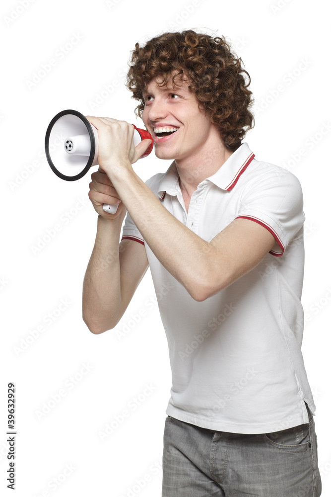 Happy man making announcement over megaphone Happy man making announcement over megaphone