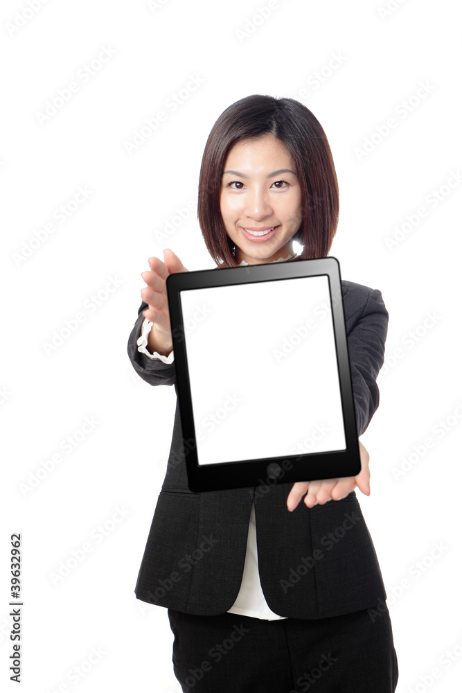 Business woman smile and showing tablet pc Business woman smile and showing tablet pc