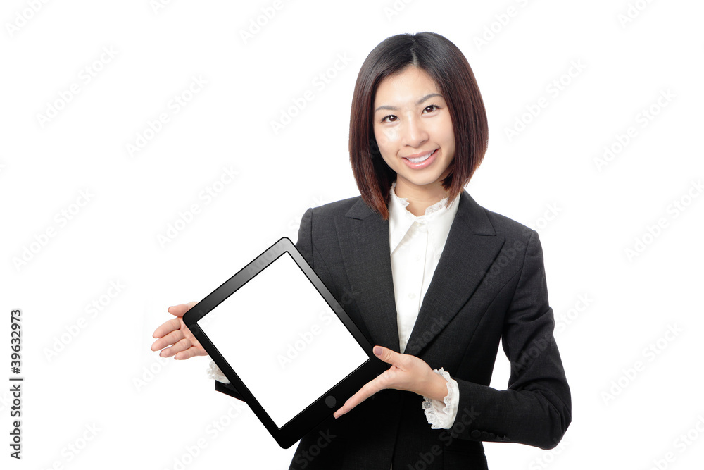 Business woman smile and showing tablet pc Business woman smile and showing tablet pc