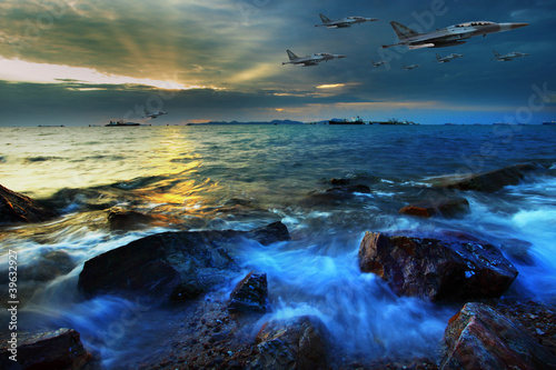 jet plane flying over sea coast on dusky time
