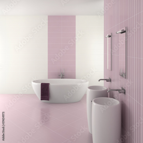 purple modern bathroom with double basin and bathtub