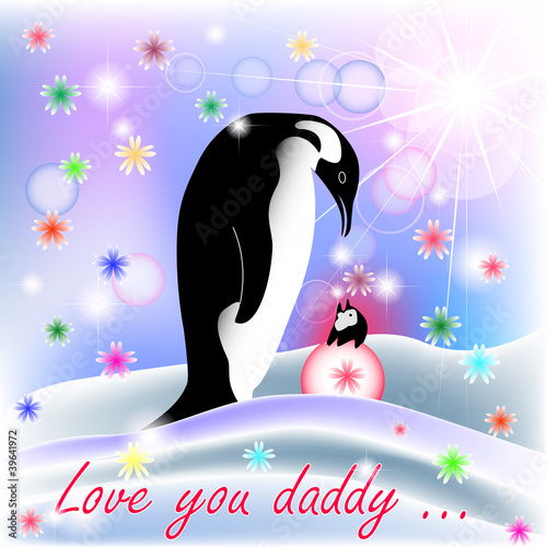 Dad and baby girl penguin with polar background