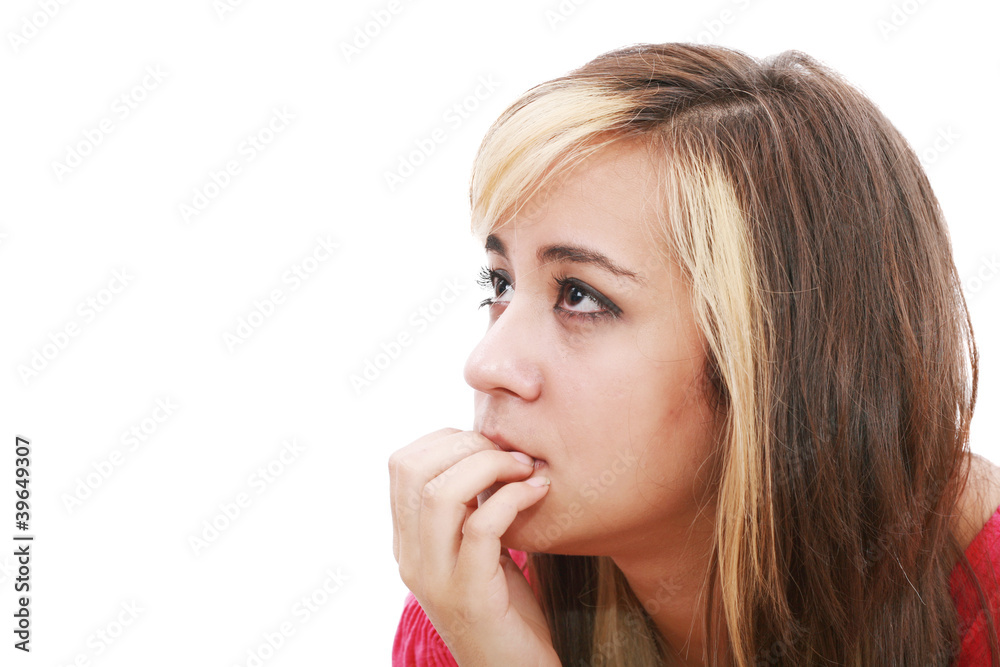 Woman in doubt portrait isolated on a white background Woman in doubt portrait isolated on a white background