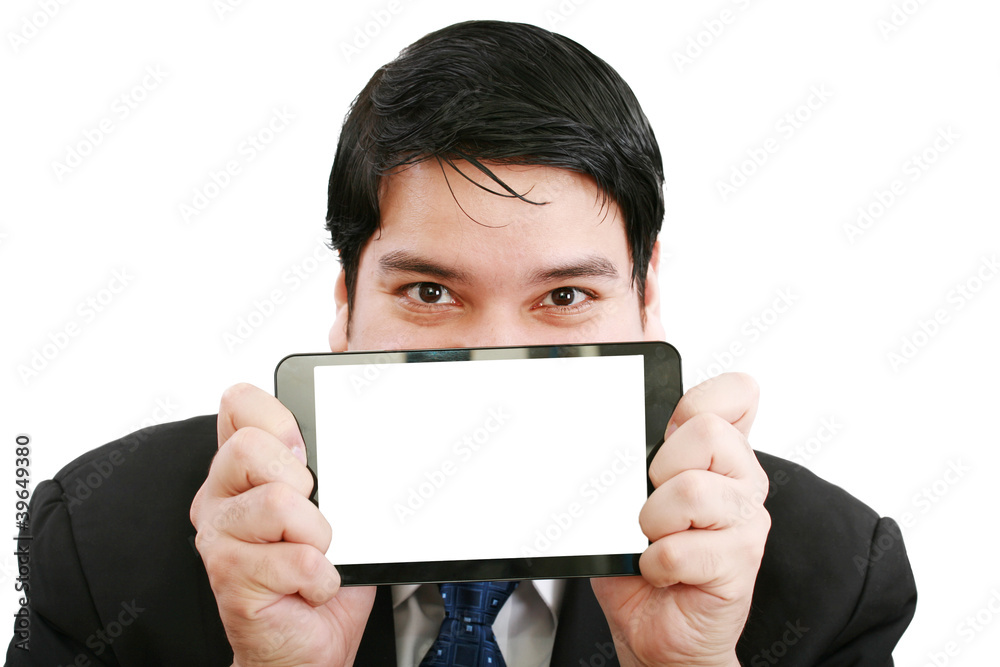 Young businessman holding a touch pad tablet pc on isolated whit Young businessman holding a touch pad tablet pc on isolated whit