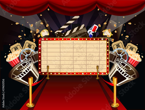 Illustration of theatre marquee with movie theme objects.