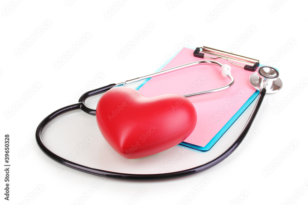 Stethoscope, heart and blank clipboard isolated on white