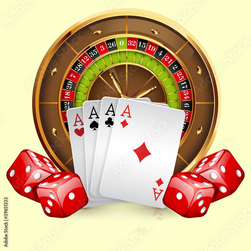 Illustration of casino roulette wheel with cards and dice.