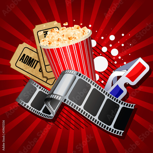 Illustration of  movie theme objects on red background