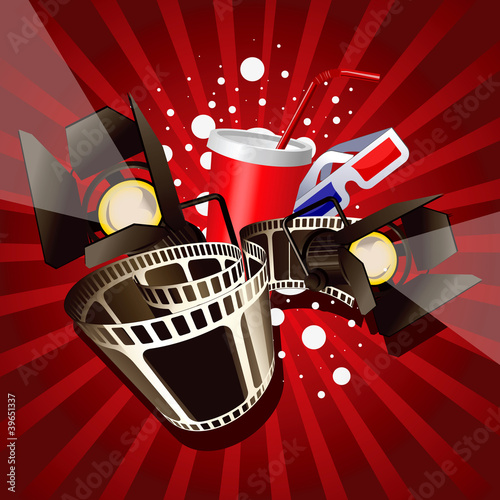 Illustration of  movie theme objects on red background