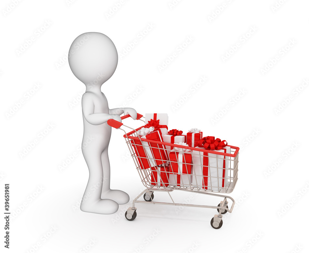 3d small person with shopping trolley. 3d small person with shopping trolley.