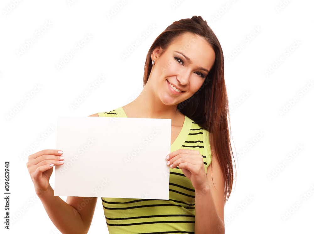 Beautiful woman holding empty white board