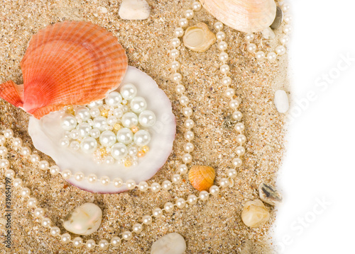 Beautiful exotic shell and stones, pearls on sand