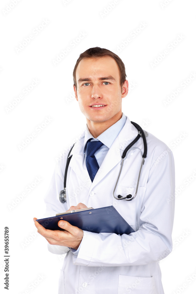Male Doctor standing with folder, isolated on white background Male Doctor standing with folder, isolated on white background