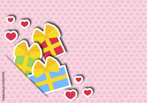 Greeting card with gifts and hearts