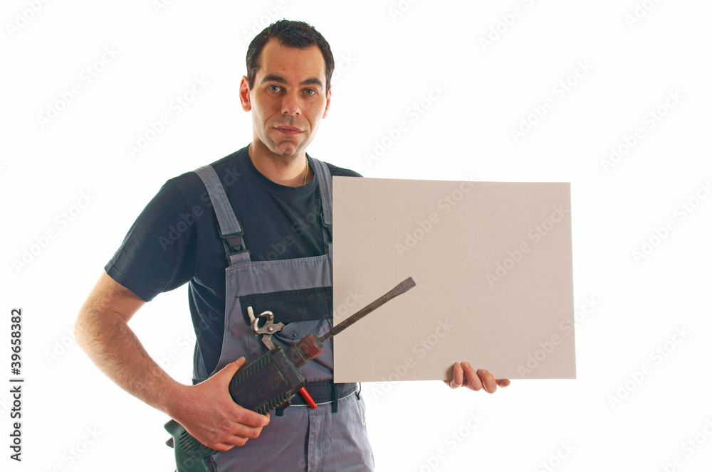 Handwerker mit Werbeschild Handwerker mit Werbeschild
