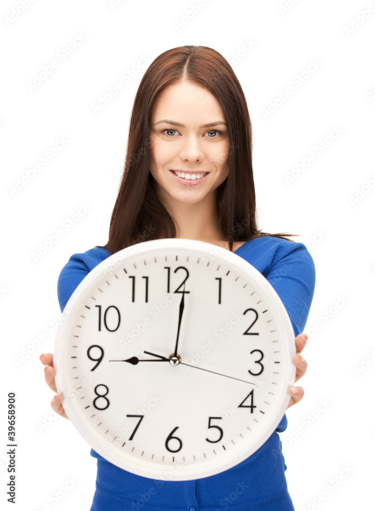 woman holding big clock woman holding big clock