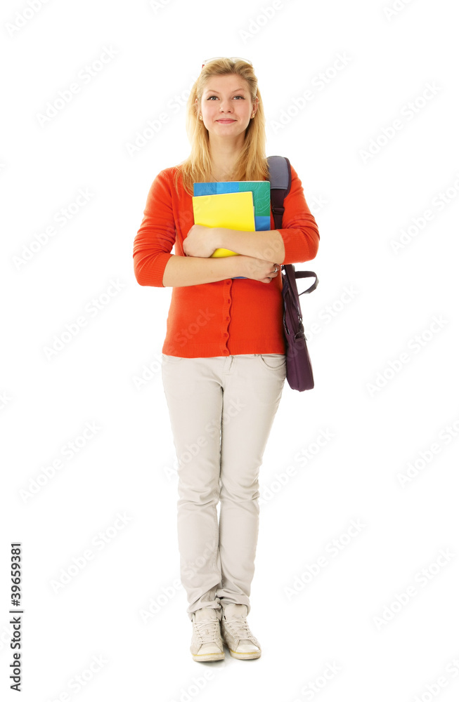 Happy student girl with books, isolated on white