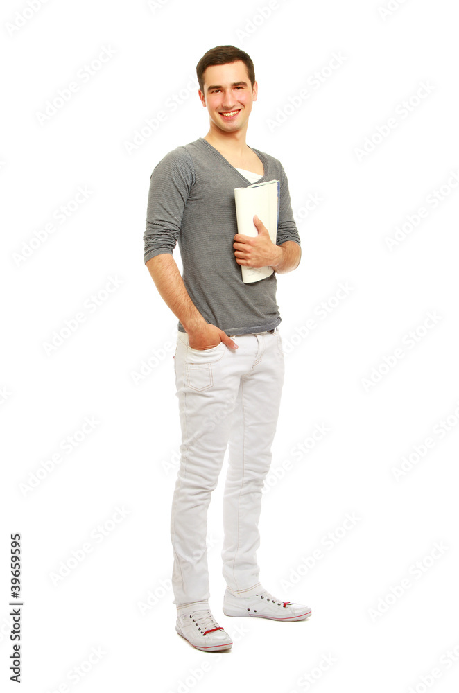 Young man standing with folder, isolated on white background Young man standing with folder, isolated on white background