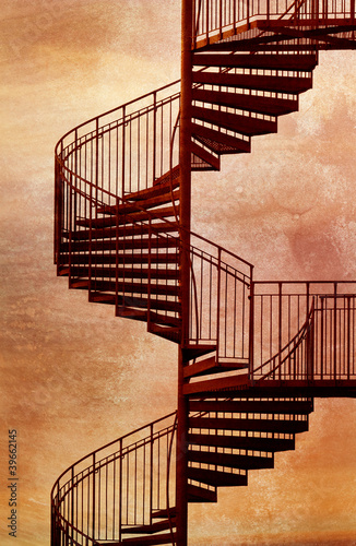 Red metal spiral staircase.