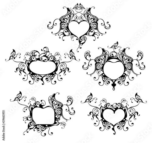 set of vector heart frame with butterfly