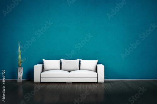 3d Sofa vor texturierter türkisfarbener Wand