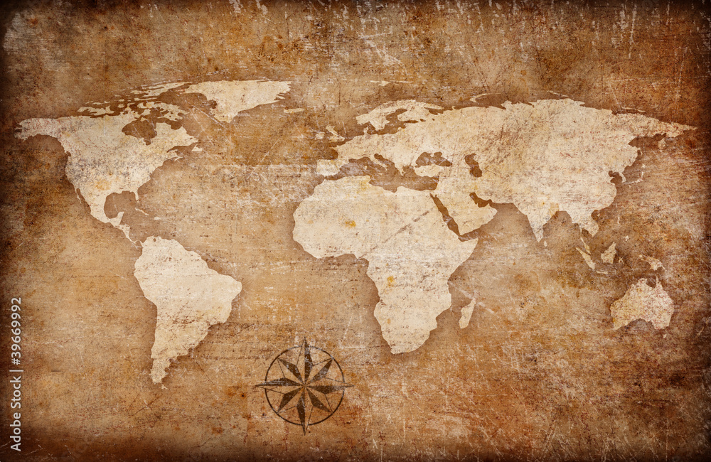 Obraz premium grunge world map background with rose compass