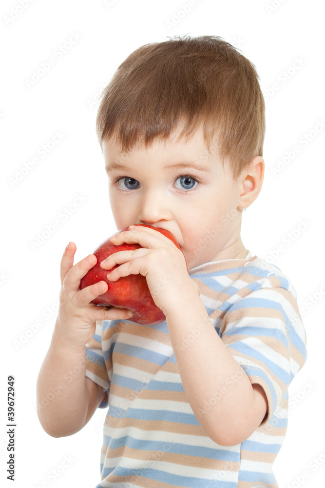 attractive child eating red apple, isolated on white attractive child eating red apple, isolated on white