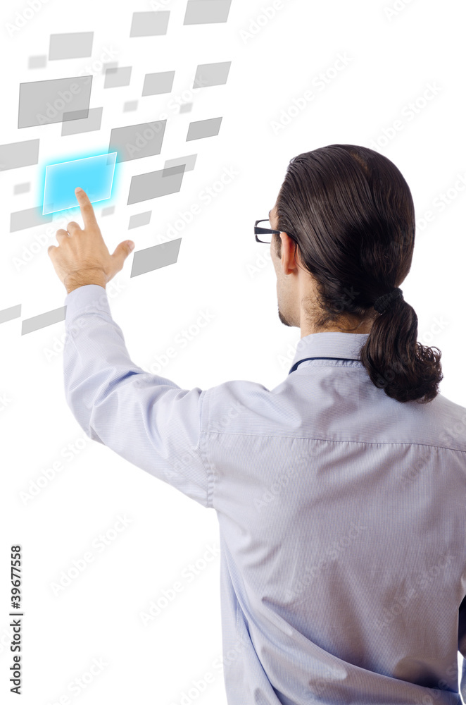 Businessman pressing virtual buttons Businessman pressing virtual buttons