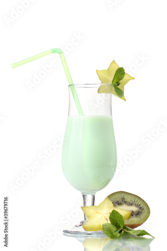 Milk shake with kiwi and corambola isolated on white photo