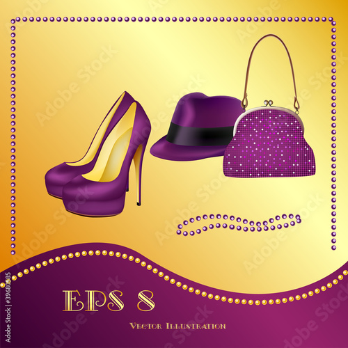 Shoes handback beads hat(EPS 8) on golden purple background