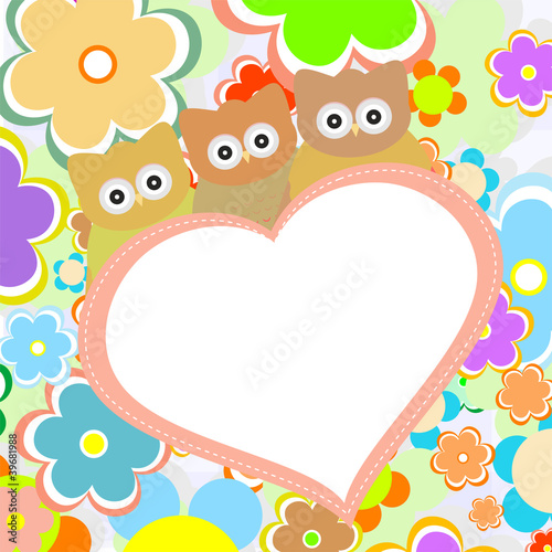 owls in flowers with big heart. vector