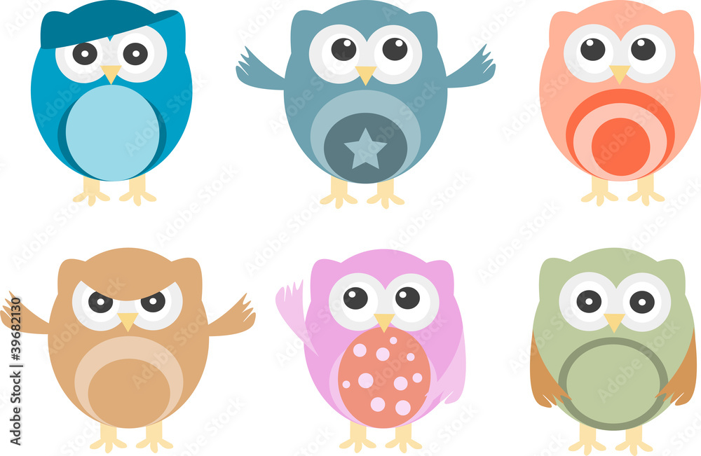 Set of six cartoon owls with various emotions Set of six cartoon owls with various emotions