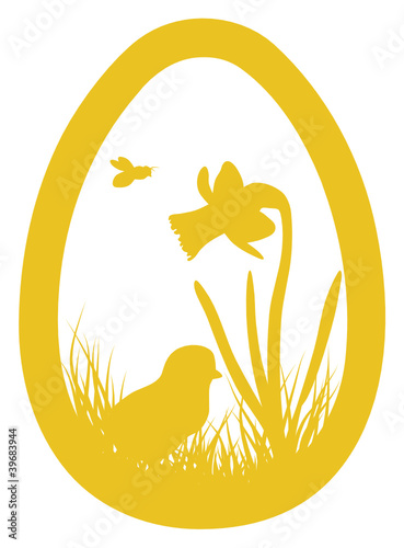 Easter egg with narcissus, chick, and bee